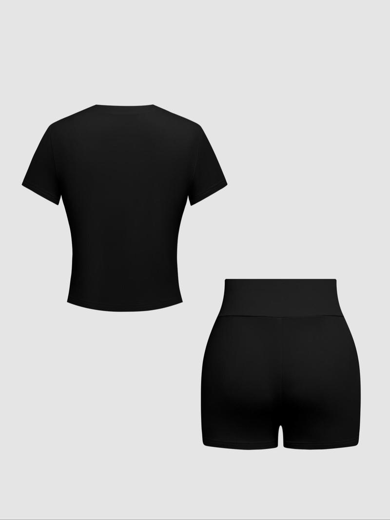 Women's  Solid Round Neck Tee & Skinny Shorts Set, Casual Short Sleeve T-shirt & Short Leggings, Ladies Summer Clothes