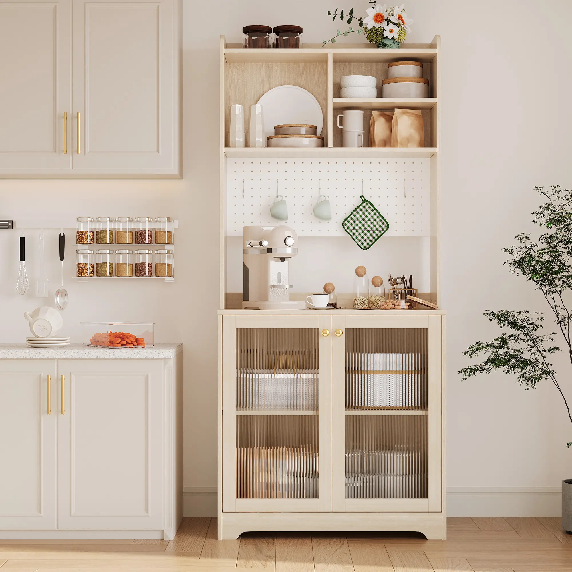 Multi-Purpose Tall Kitchen Pantry Cabinet with Hutch – Freestanding Sideboard Buffet, Glass Doors, Adjustable Shelves, Pegboard, 6 S-Hooks, Microwave Stand – Modern Storage for Dining Room or Coffee Bar