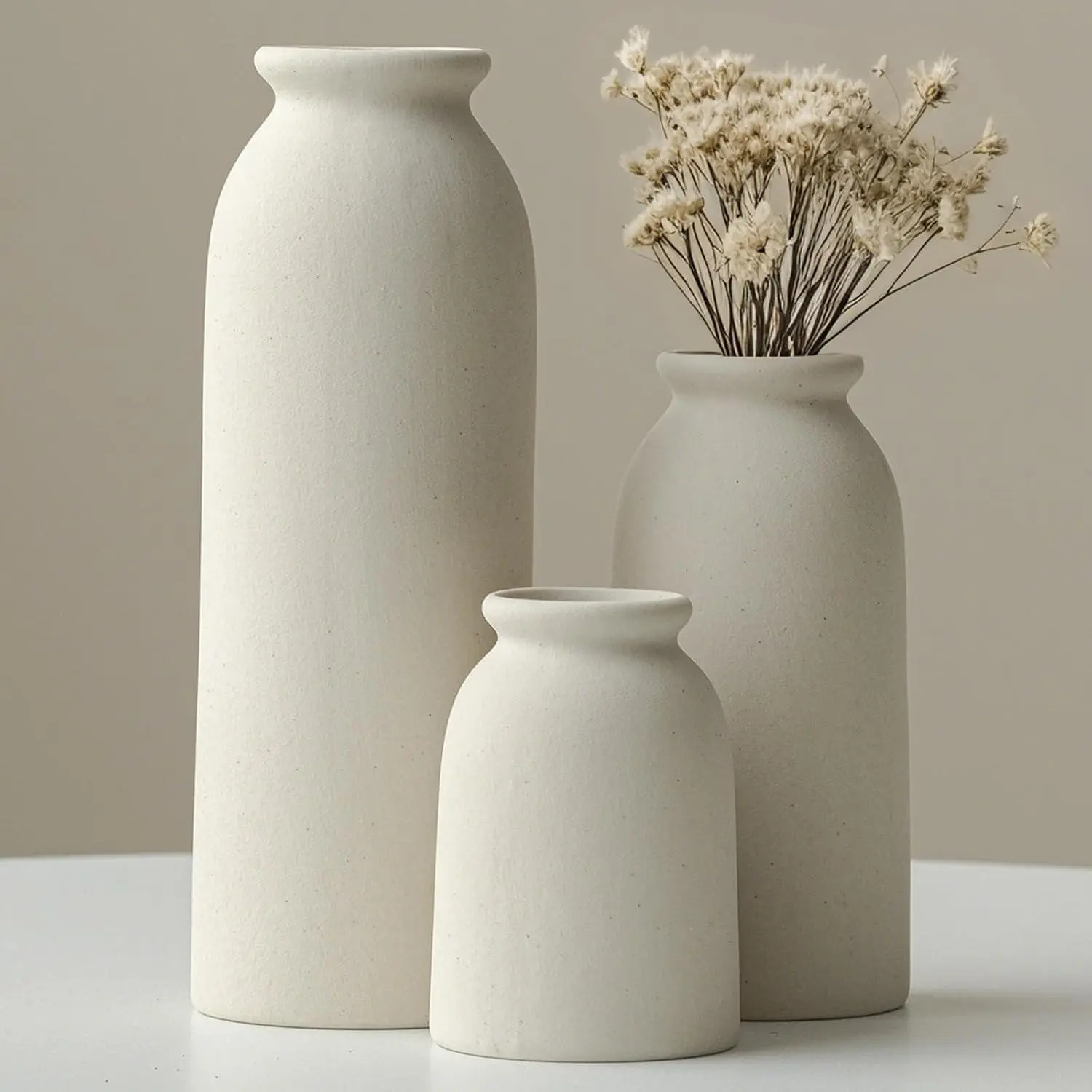 Ceramic Vase Set-3, Small Flower Vases for Decor, Modern Boho  Style, Decorative Vases for Pampas Grass & Dried , Distressed Finish (Beige)