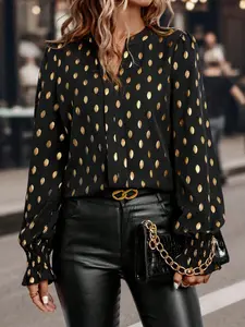 Women's Gold Foil Polka Dot Blouse, Shirts, Elegant Long Sleeve Top, Elastic Cuff Design, Suitable for Office, Dinner, Formal Events, Summer Fashion