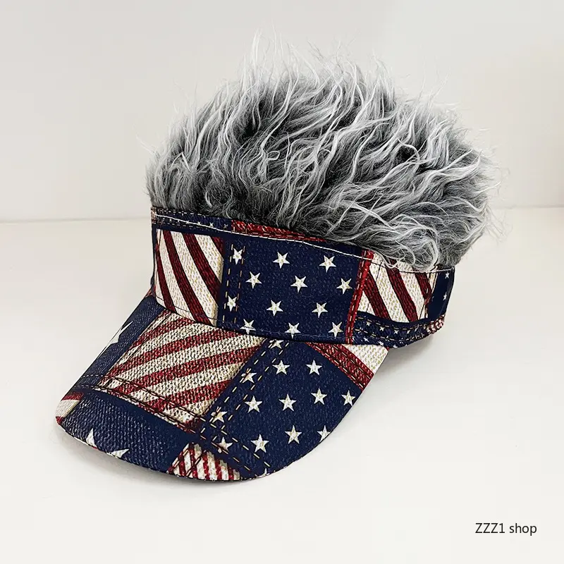 Trendy American Flag Wig Baseball Hat, Creative Wide Brim Duckbill Cap with Simulation Hair, Eye-catching Streetwear Accessory, Fun Novelty Headgear, Ideal for Independence Day Parades, Festivals and Casual Street Outfits
