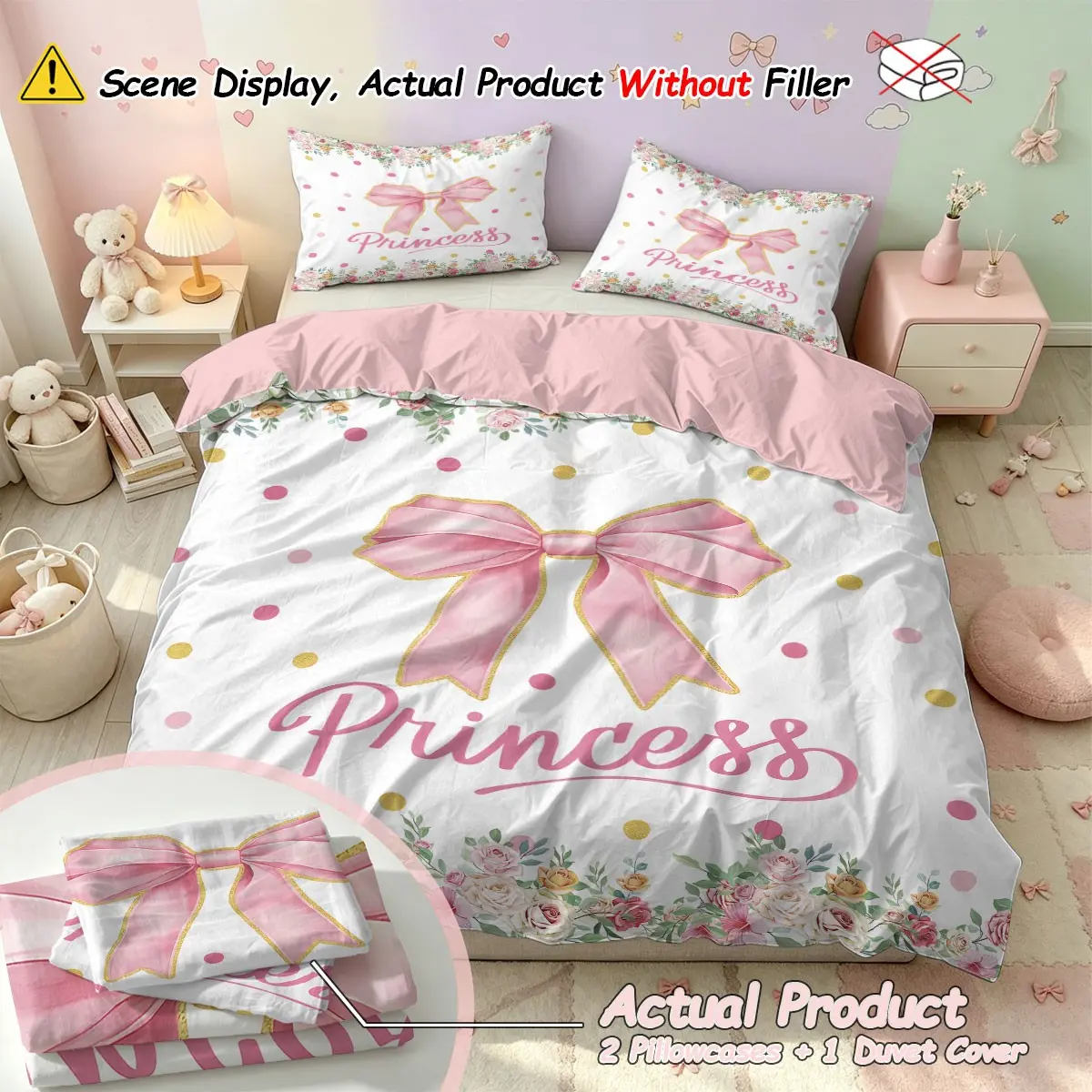 Princess-style bow print 3-Piece Bedding Set for Girls Dorm, (1 Duvet Cover + 2 pillowcases, no filler),Soft Polyester, Machine Washable & No Deformation