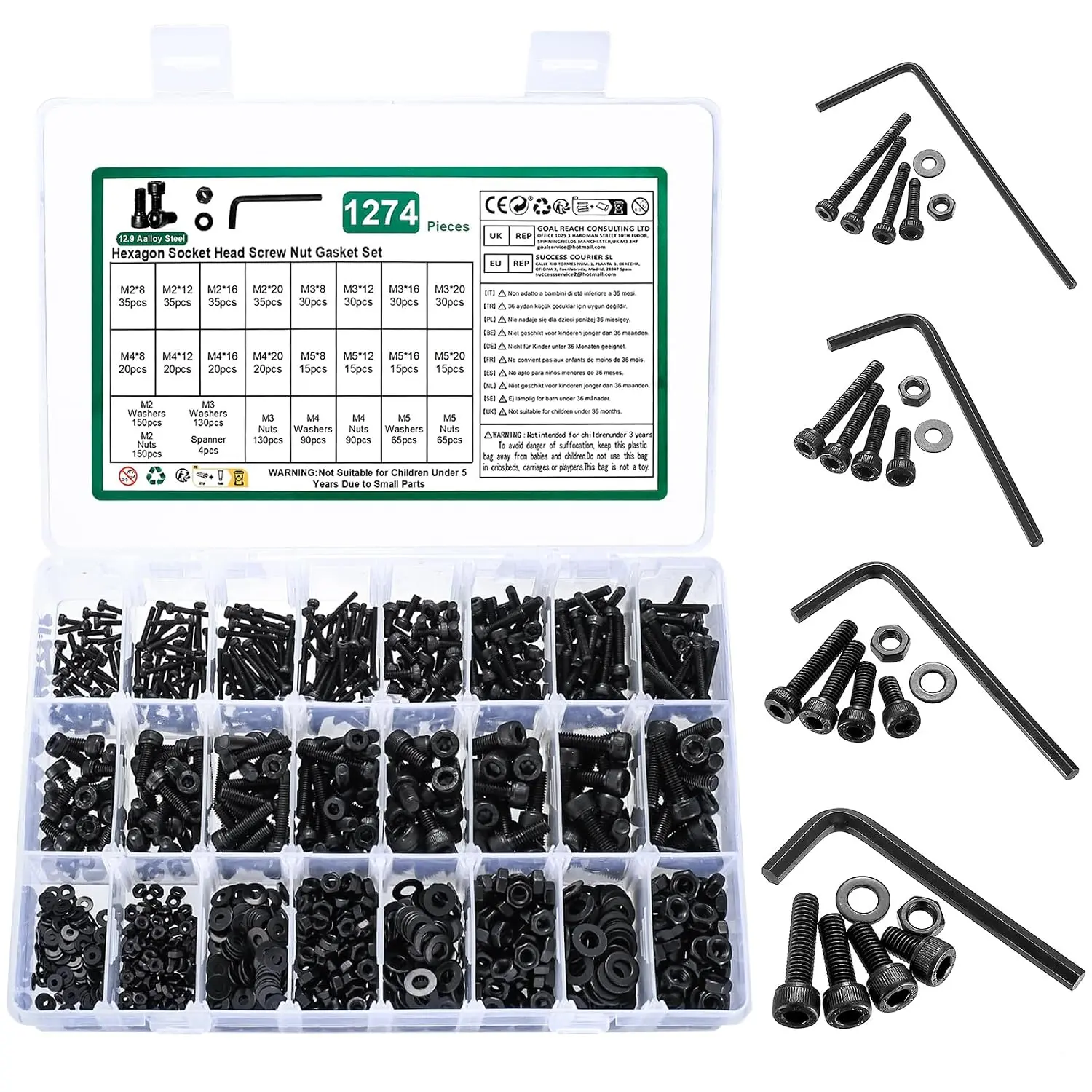 1274 count M2 M3 M4 M5 Metric Screw Set, Hex Socket  Cap Screws Nuts and Washers  Kit, Metric  and Nuts Kit, 12.9 Carbon Steel  Machine Screw  Kit, with 4 Spanner