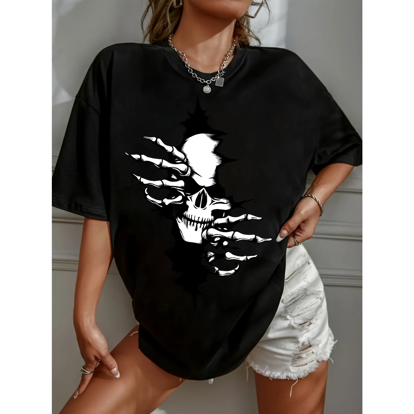Dark Skeleton Graphic Casual Short Sleeve Tee, Relaxed Fit Soft Breathable Fashion Top With Skull Art Printed Craft, Edgy Streetwear Apparel For Daily Outfit, summervibes Alternative Style Everyday Wear