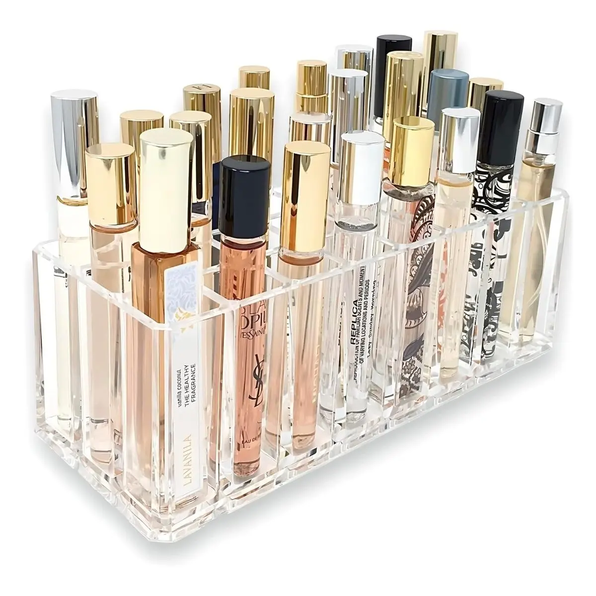 Crystalline Acrylic Rollerball Perfume Storage Organizer - 24-Space Display Case for 24 Individual Rollerball Perfume Bottles, Fallsafe 9.17l x 3.5w x 3h inches Storage Rack for Scented Oils, Box, Foam Box Pack