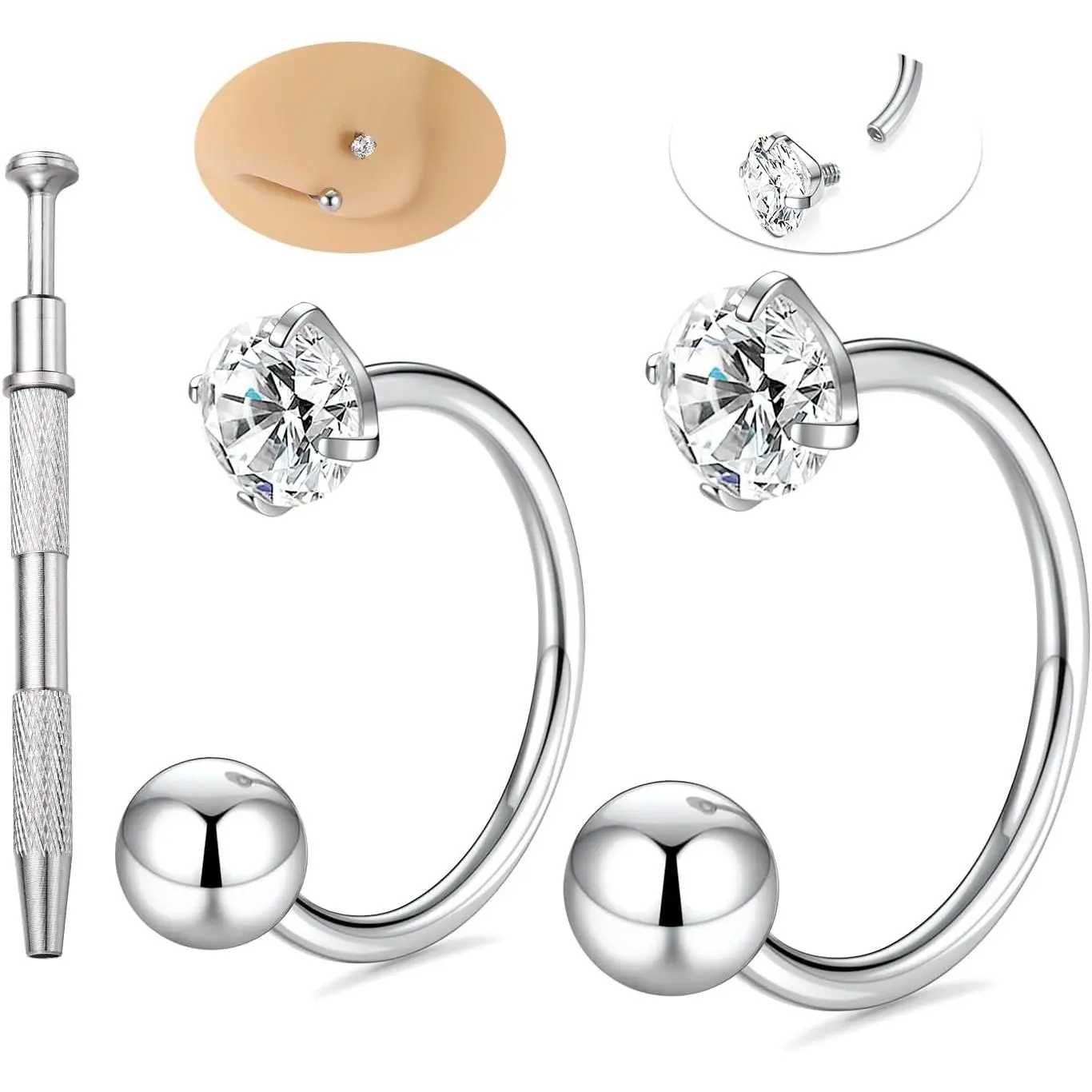 2 count Nose Rings 20G Horseshoe Nose Rings Hoops Nose Studs G23 Titanium Septum Daith Tragus Helix Rook Conch Cartilage Eyebrow Lip   Internally Threaded Cubic Zirconia