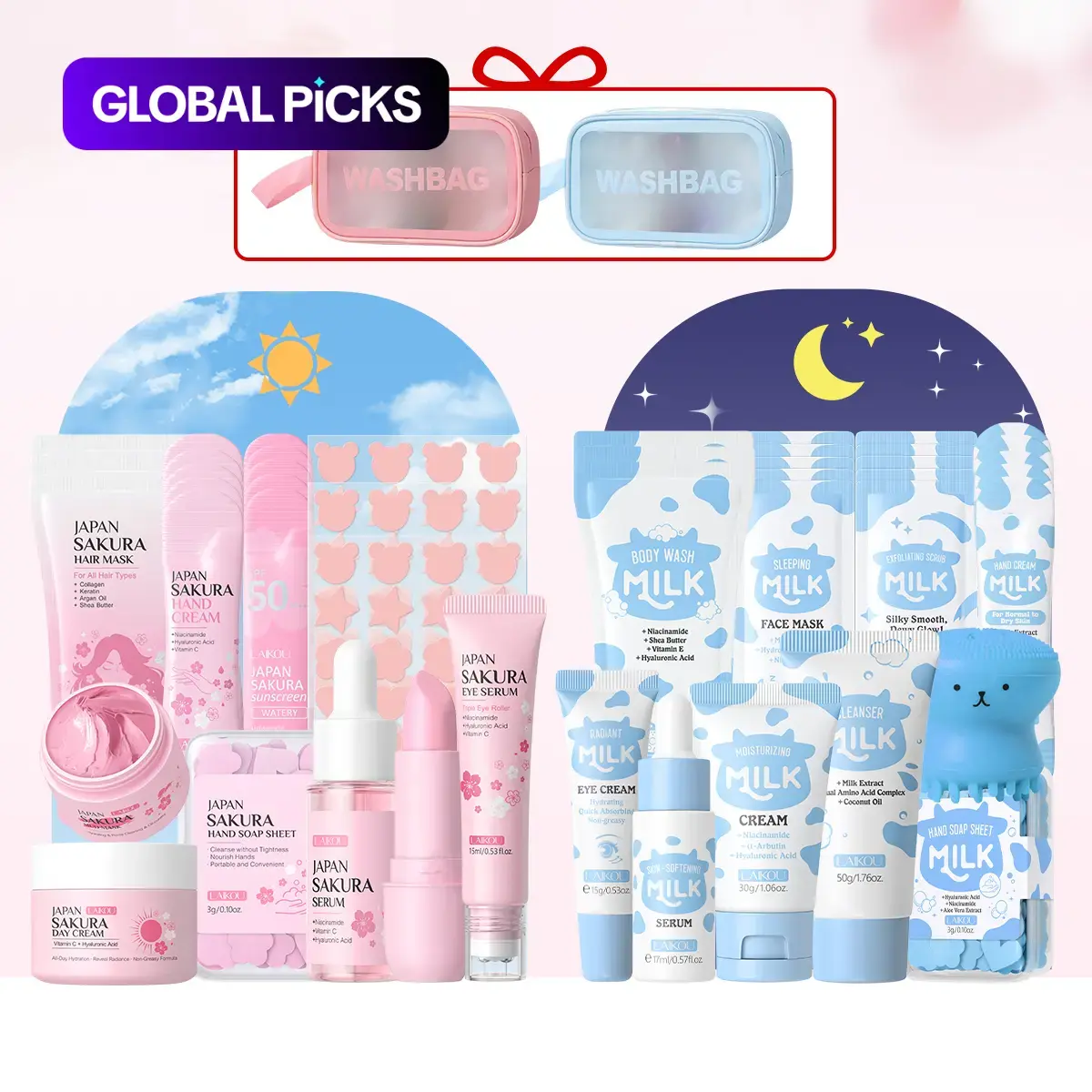 Sakura Milk Day & Night Moisturizing Skincare Set, Including Cleanser, Toner, Patches, Lip Balm, Face Cream, Sunscreen, Exfoliator, Eye Cream and Mask, Rejuvenating Skin Care Spa Gift Set #GLOBAL PICKS