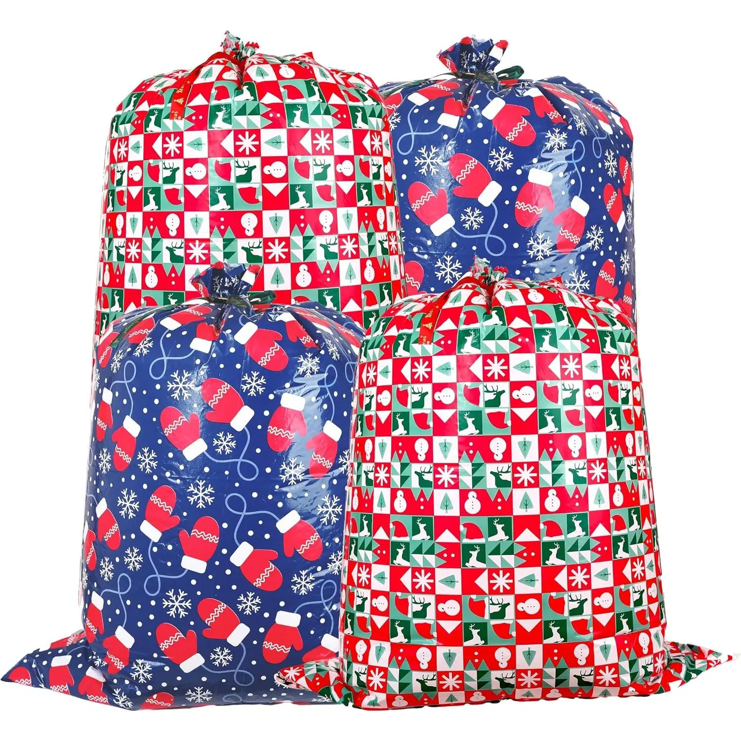 4 Pack  Christmas  Bag with Ribbon and  Tag 36"x48"  Large  Bags Christmas Wrapping for Xmas Present - Giant  Bags for Huge Gifts