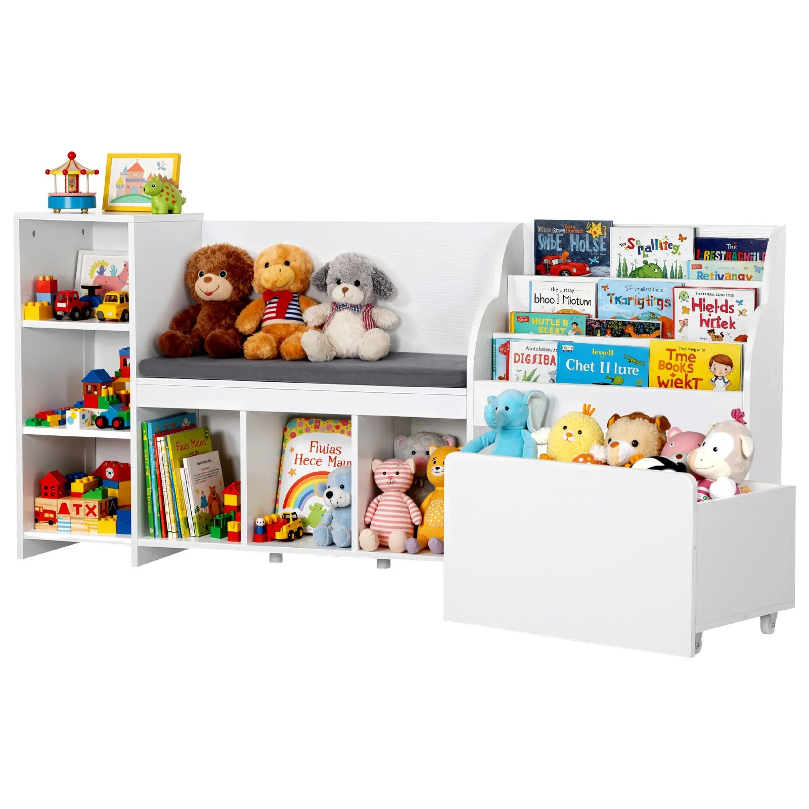 VEVOR Kids Reading Nook, Stable Sturdy Wooden Storage Bench with Backrest & Adjustable Shelf, Nurseries Bookshelf-Toy Organizer, 350lb Capacity, 98.33lbs Load, 66.9x15.8x31.5in, White, Assembly Required (Playroom, Living Room)