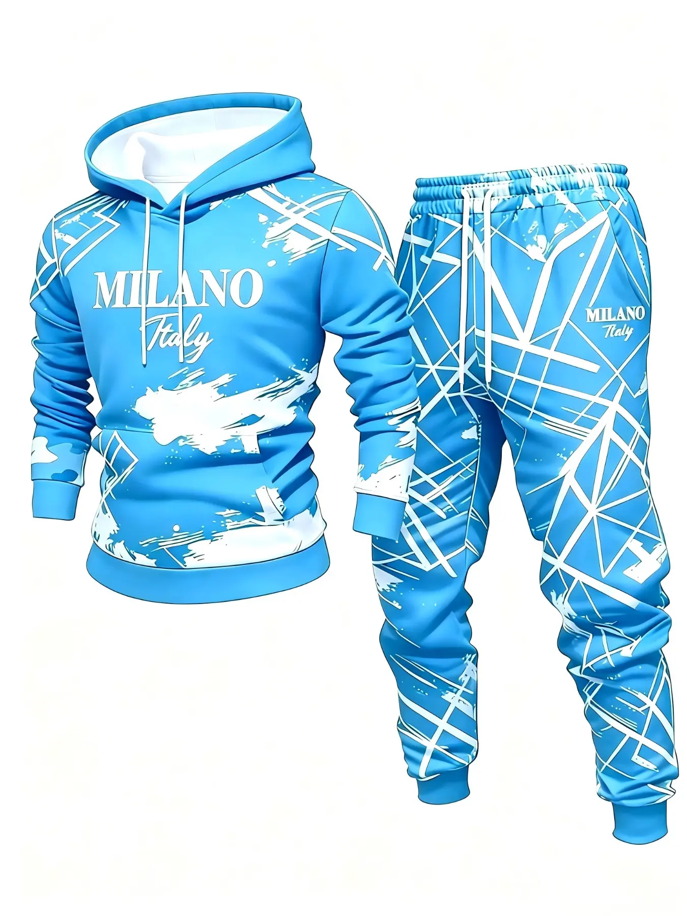 Milano Milan Printed Men's Hoodie Set, Trendy Casual Long Sleeve and Pants Two-Piece Set, Streetwear Sports for Fall & Winter