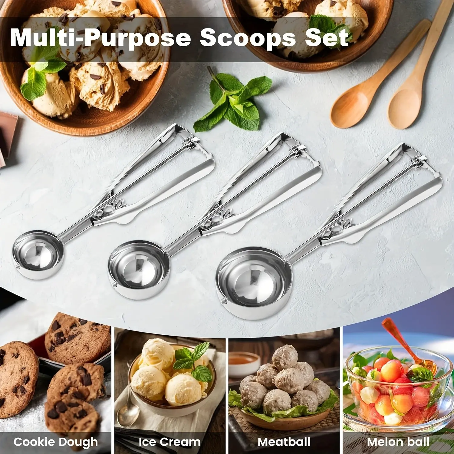 Multi-Functional Stainless Steel Ice Cream Scoop Set, Easy Release Trigger, Ideal for Baking, Desserts, Meatballs, Melon Balls, Cake Batter, Ice Cream Scoop with Trigger