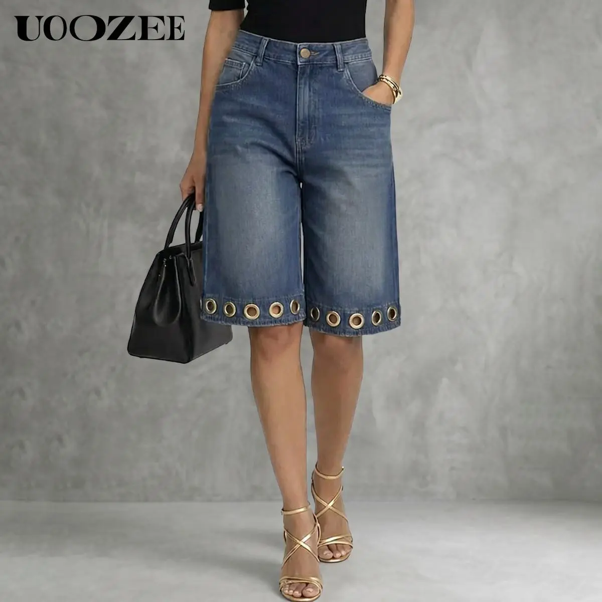 UOOZEE Women's High Waist Washed Denim Culotte Shorts with Pockets, Wide Leg Shorts with Grommet Hem, Non-Stretch Casual Jean Shorts, Curvy Waist Friendly, Size Up for Full Waist,back to school shopping