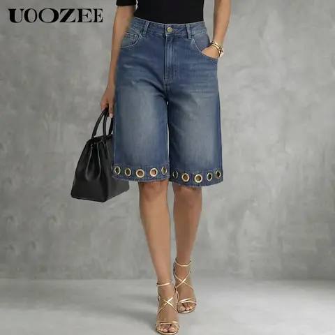 UOOZEE Women's High Waist Washed Denim Culotte Bottoms - Streetwear Bermuda Style, Loose Wide Leg, Grommet Hem, Button Accent, Pockets, Non-Stretch Fabric, Curvy-Friendly Fit, Cropped Evening Workwear with Blazer Statement Graphic Pairing