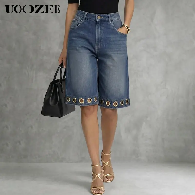 UOOZEE Women's High Waist Washed Denim Culotte Bottoms - Streetwear Bermuda Style, Loose Wide Leg, Grommet Hem, Button Accent, Pockets, Non-Stretch Fabric, Curvy-Friendly Fit, Cropped Evening Workwear with Blazer Statement Graphic Pairing