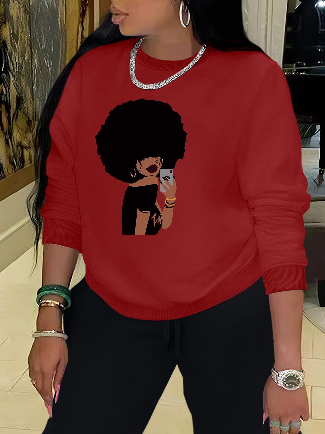 Women's Letter & Afro Girl Print Crew Neck Sweatshirt, Casual Long Sleeve Pullover for Fall & Winter, Women's  Clothes for Daily Wear