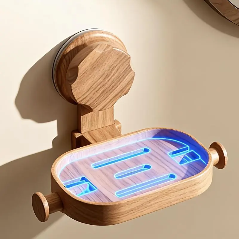Modern Wood Grain Suction Cup Soap Dish, Matte Black Plastic Soap Holder with Drain, Punch-Free Wall Mounted Soap Saver for Bathroom