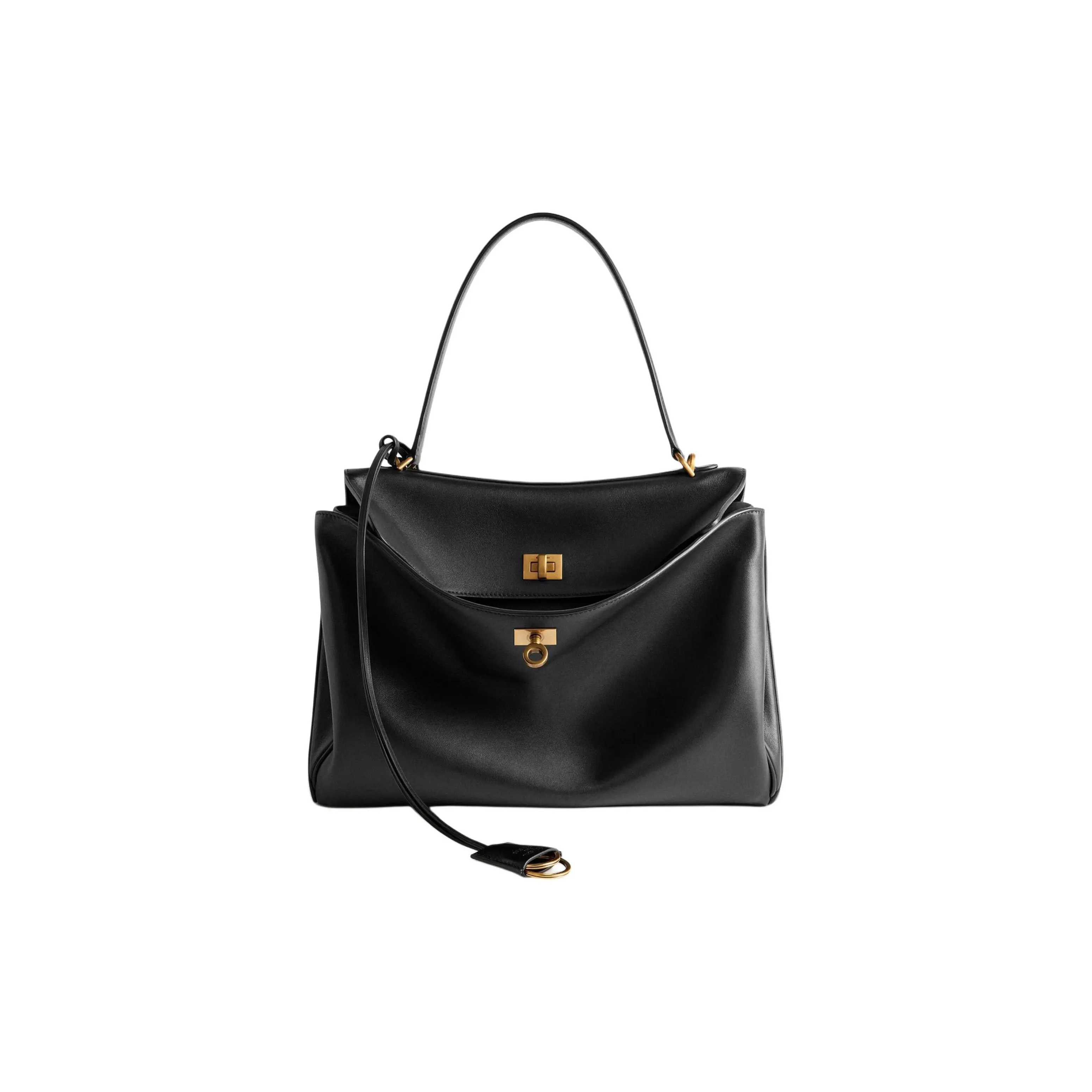 Balenciaga Rodeo Handbag for Women – Vintage-Style Smooth Calfskin Shoulder Bag with Detachable Gold-Tone Hardware, Medium Black