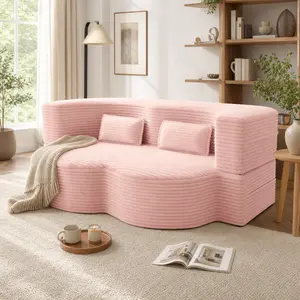 Modern Floor Sofa with 2 Pillows,Convertible Plush Corduroy Foam-Filled Sleeper Sofa Bed,15" Full Size Folding Mattress for Living Room,Guest Bed,no assembly required,Baby Pink