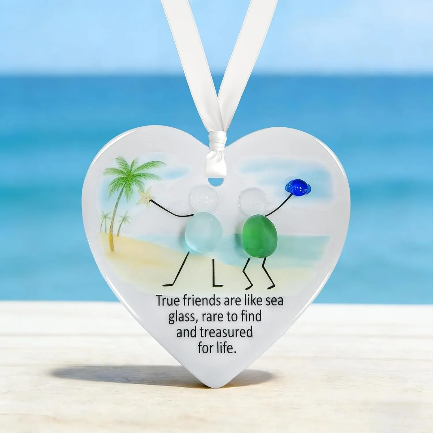 Heart-Shaped Sea Glass Art Friendship Ornament Decor,Ceramic Keepsake Pendant Graduation Birthday Gifts for Friends Women Coworker Sisters (1)