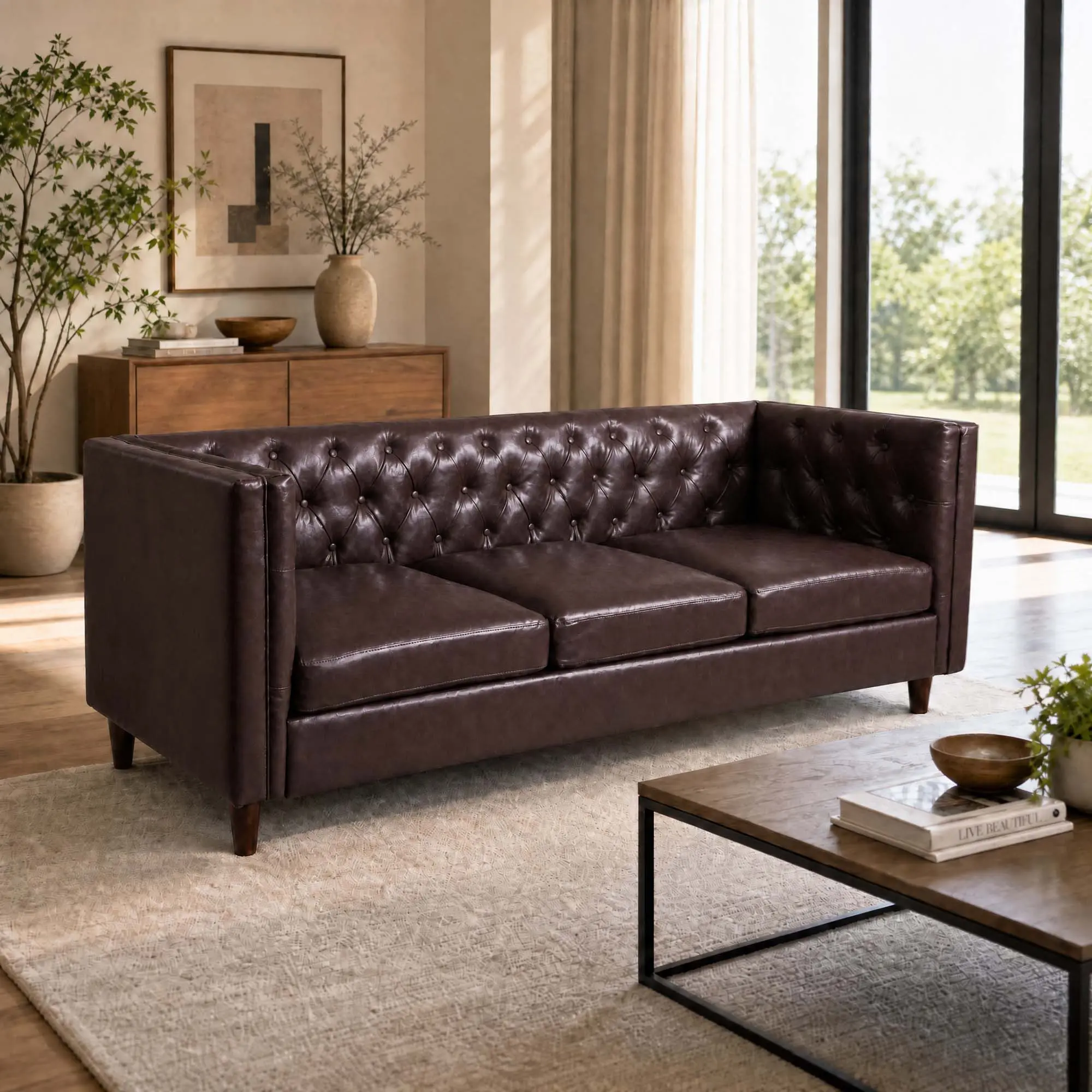 Mid Century Modern 3 Seater Leather Sofa 81 Inch Button Tufted Couch for Living Room Apartment Office Deep Seat Luxury Upholstered Furniture