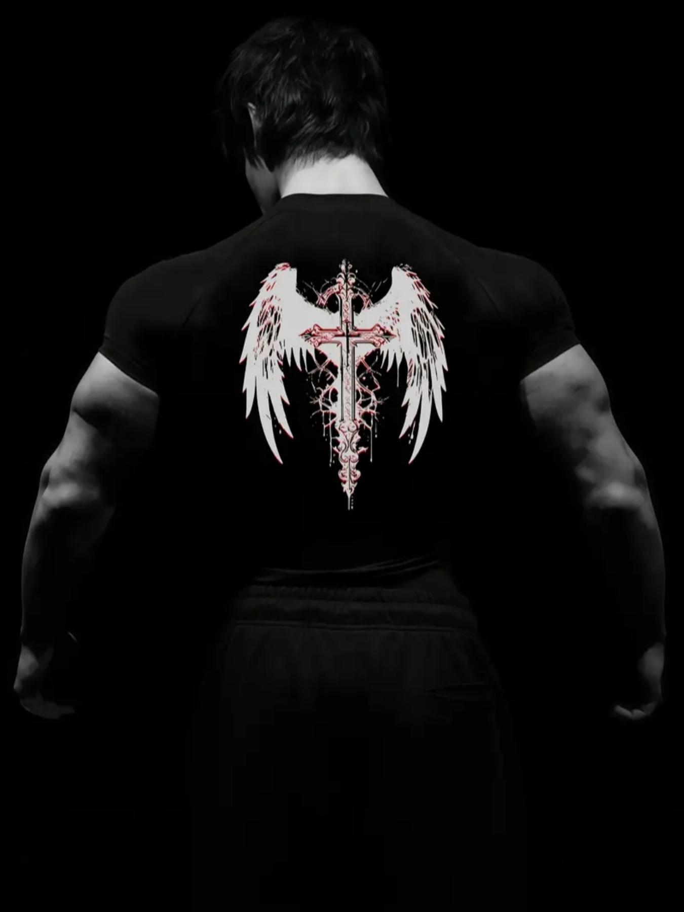 1pc Men's Compression Workout Shirt – Cross & Wings Print, Athletic Style Activewear, High Performance Activewear, Gym Outfit, Slim Fit, Breathable & Stretchy Top for Gym & Training