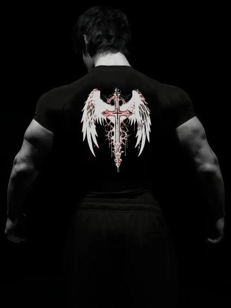 1pc Men's Compression Workout Shirt – Cross & Wings Print, Slim Fit, Breathable & Stretchy Top for Gym & Training, Gym Workout Tee