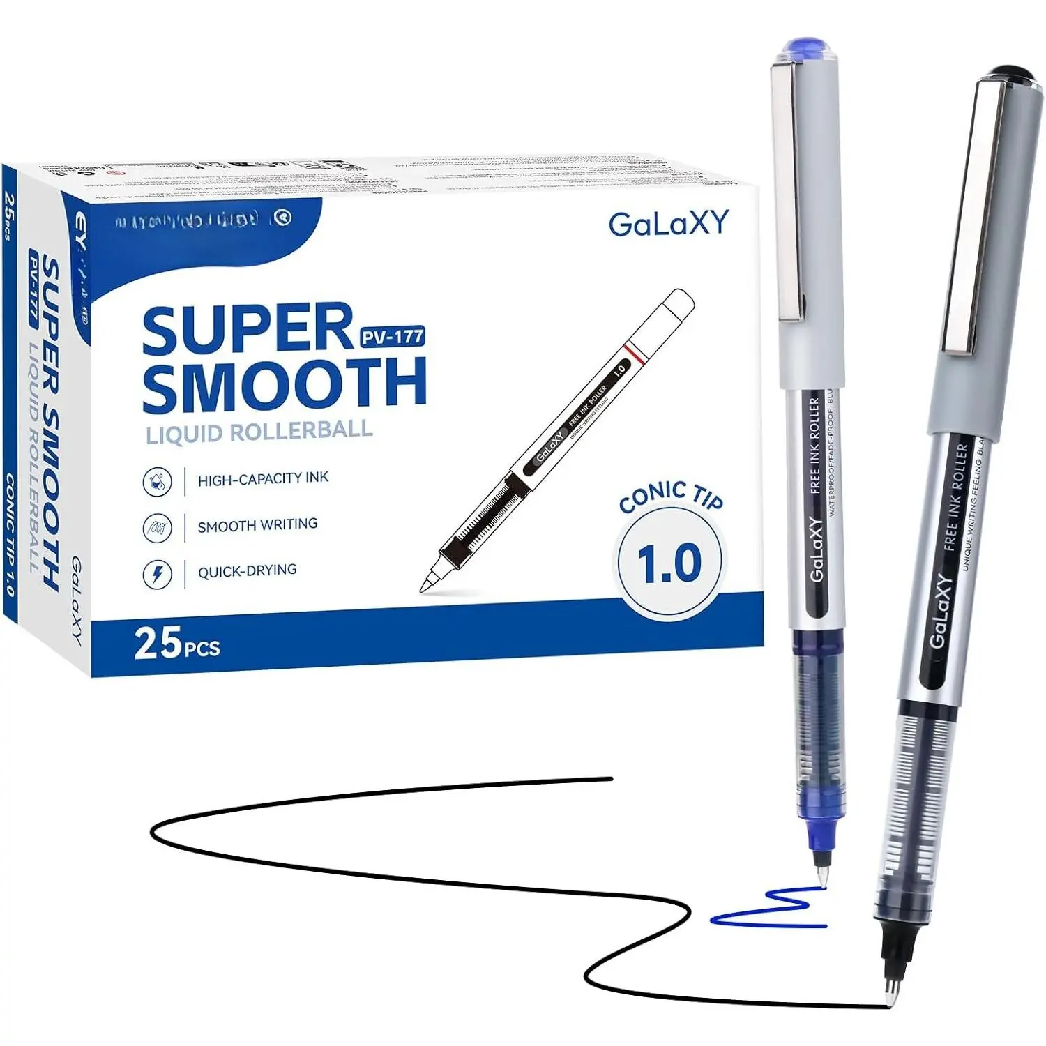 Rollerball Pens 1.0mm, 25 Pack (15 Black 10 Blue) Roller Ball Pen Quick Dry, Liquid Ink Pens Bold Point Smooth Writing Pen for Journaling, Note Taking, Office, School Supplies