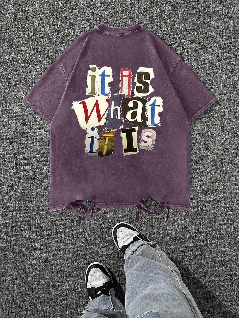 Men's Cartoon Letter Print Short Sleeve Tee, Regular Fit Casual Street Soft Comfy Round Neck T-Shirt for Summer, Menswear for Daily Wear, Top