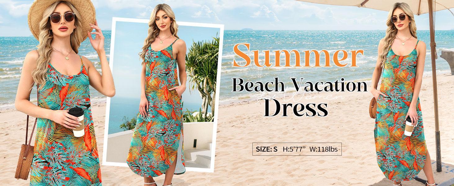 OFEEFAN Women's Maxi Dresses for Women Casual Long Summer Sun Dresses 2026 Spaghetti Strap Hawaiian Vacation Outfits for Women