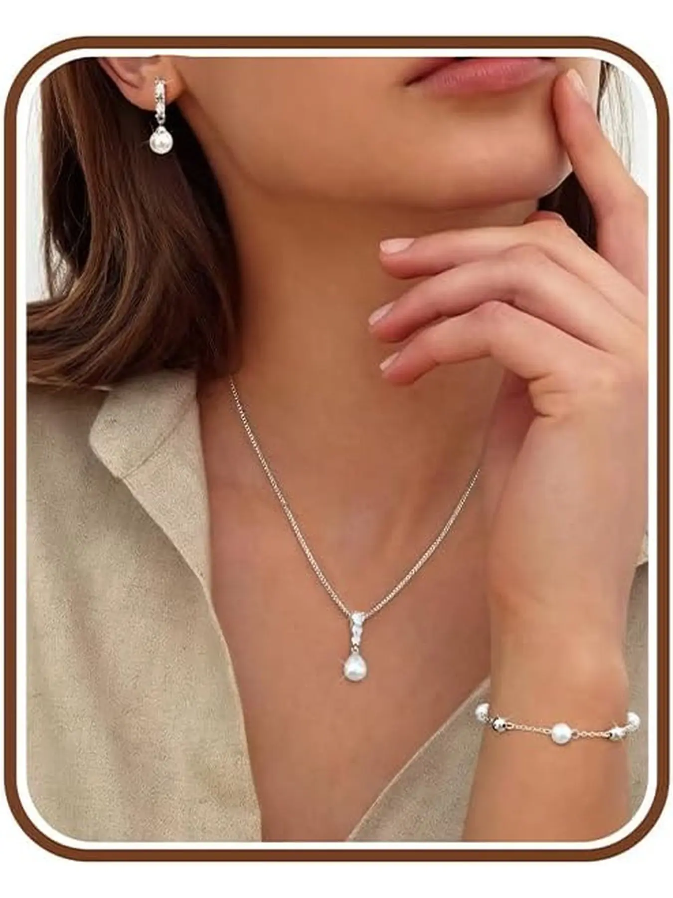 Pearl Jewelry Set for Women -Bridal Jewelry Set for Wedding Dangle Earrings Dainty Pearl Necklace Bracelet Wedding Jewelry Sets for Bride Bridesmaid CZ Costume Accessories Trendy