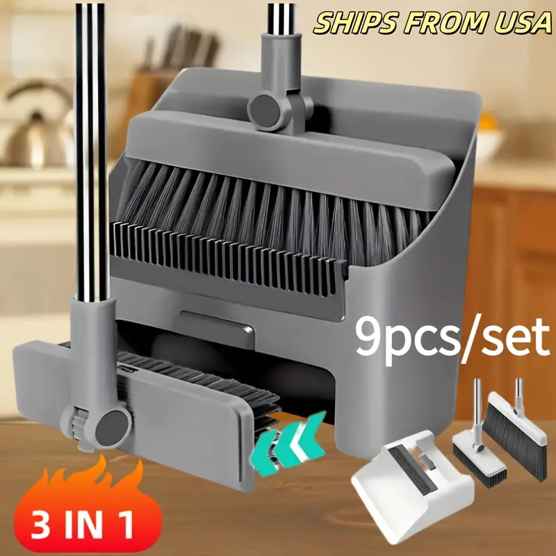 9pcs/set 3-in-1 Foldable Kitchen Broom and Dustpan Set with Floor Brush, Household Cleaning Kit with Long Stainless Steel Handle, Flexible Efficient Dust Removal Tool for Dorm, Home & Office