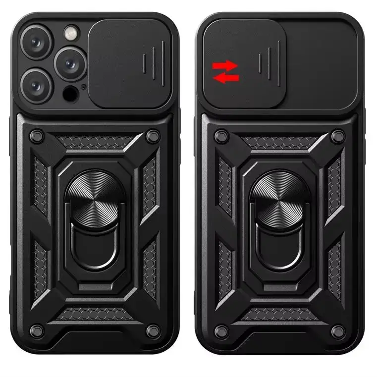 Military Grade TPU Plastic Protect Cover for iPhone Series (17 Air,17,16,15,14,13,12,11 Pro Max Plus) - Heavy Duty Protection, Slide Lens Protector, Shock-Absorbent Bumpers, Rotatable Ring Bumpers Holder, For Iphone 16Pro, Ring Holder