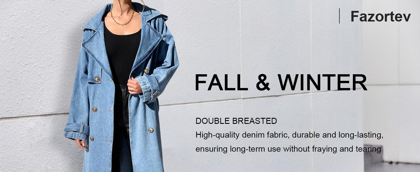FMEYOA Women's Long Double Breasted Denim Jacket Oversized Button Down Maxi Jean Coat Classic Lapel Outercoat M8M483