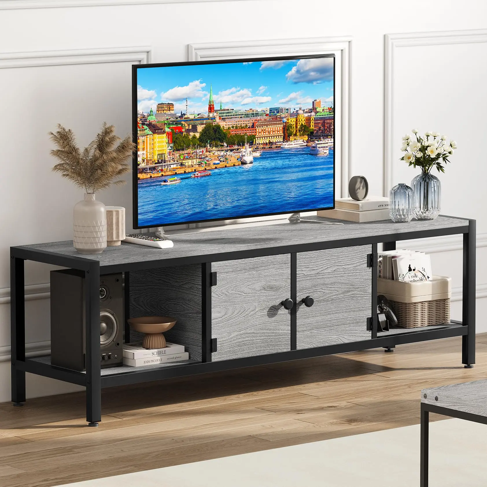GARVEEEntertainment Console with Adjustable Legs, 58-Inch TV Stand with Storage, Open Shelves, and Support for TVs up to 65 Inches, Wooden Design
