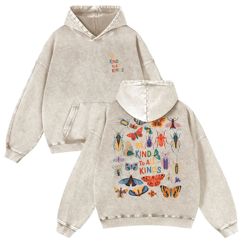 Unisex Vintage Washed Graphic Hoodie, Heavyweight "Be Kind To All Kinds" Bug Print Trendy Sweatshirt, Plus Size