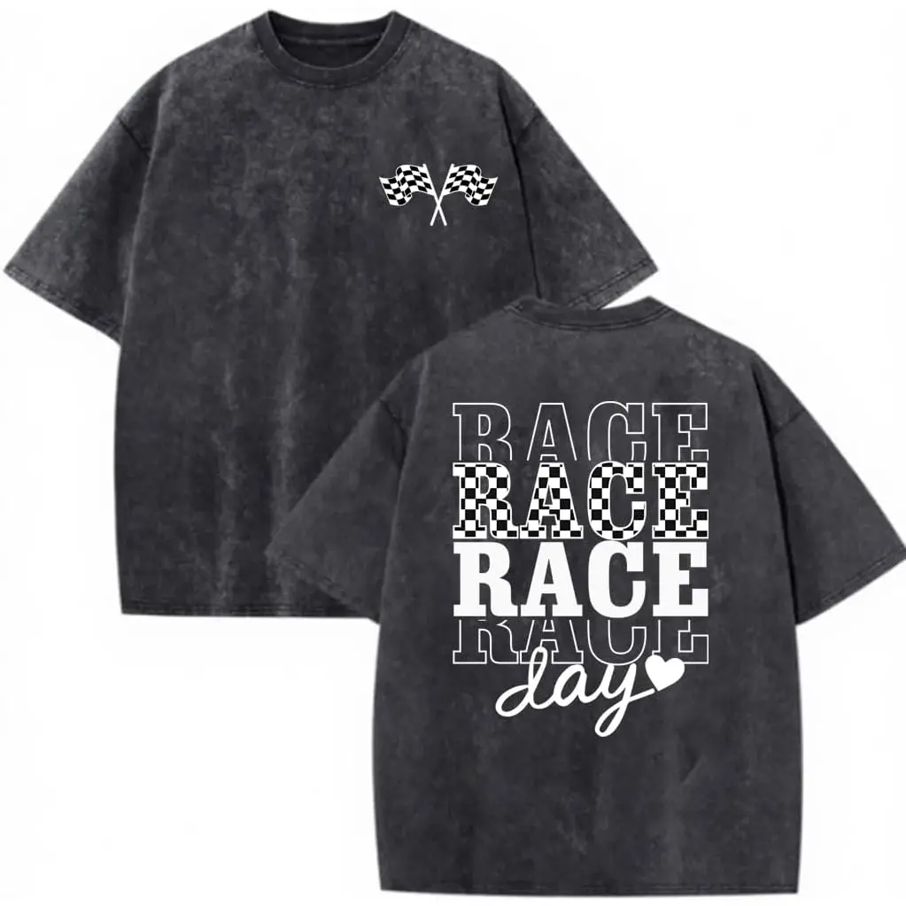 Race Day Graphic Tee Vintage Washed Cotton Tshirt Checkered Racing Flag Racing Lover Aesthetic Oversized T Shirt Women Short Sleeve Crewneck Top Racing Wife Gift Men Loose Casual Top Streetwear Fashion