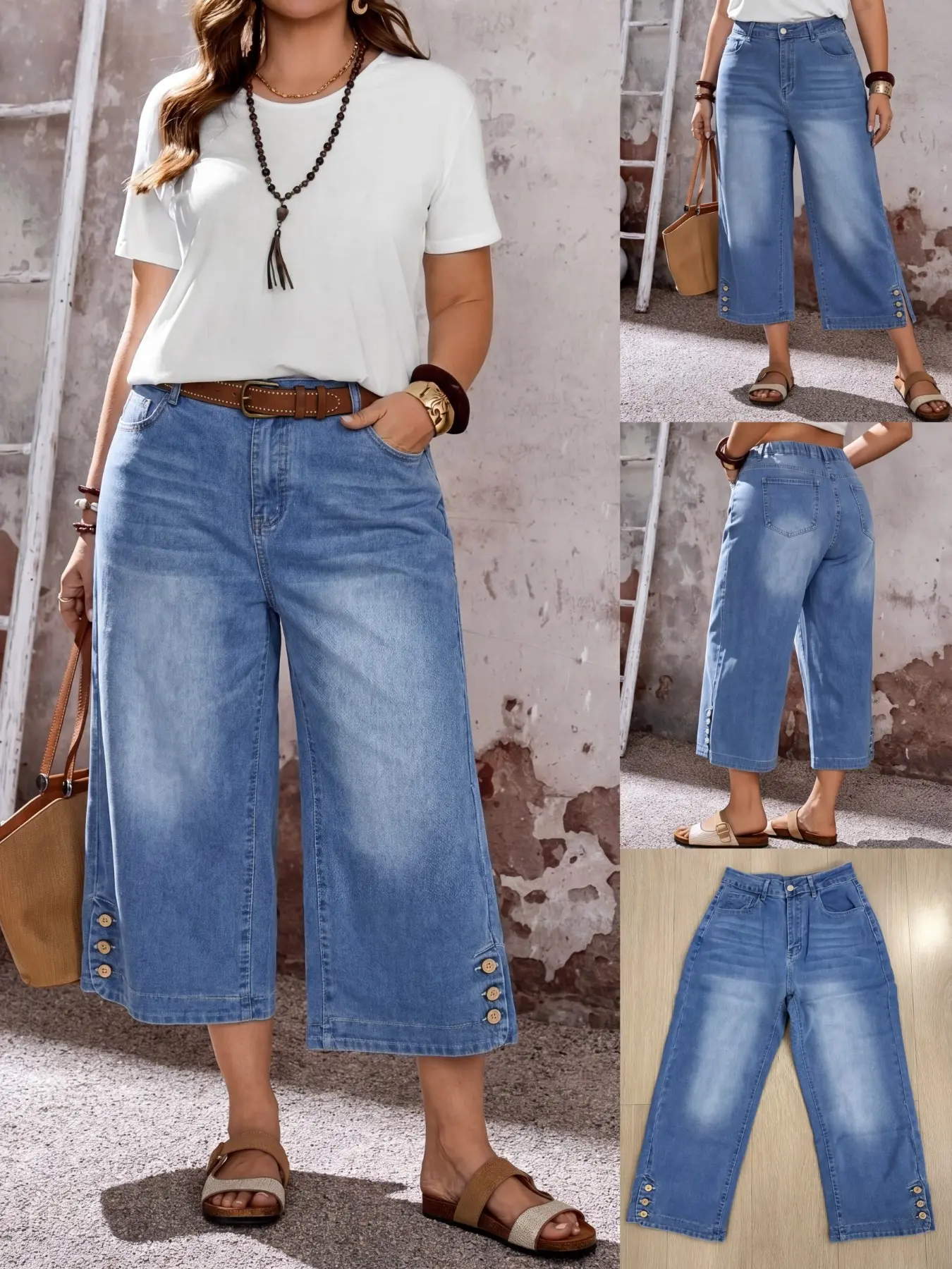 Women's Loose Fit Baggy Wide Leg Denim Jeans with Button, Casual Summer Capri Pants, Bohemian Boho Style, Perfect for Concerts and Outdoor Activities