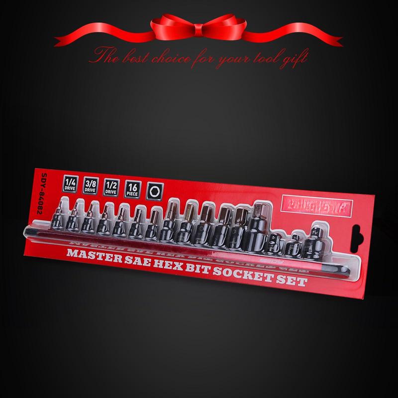 Allen-wrench Hex Bit Socket Set: 16-piece Set With Magnetic Rail Organizer 1/4  3/8 1/2-inch Drive 5/64-9/16 Key Adapter For Professional Garages WorkshopQuesear