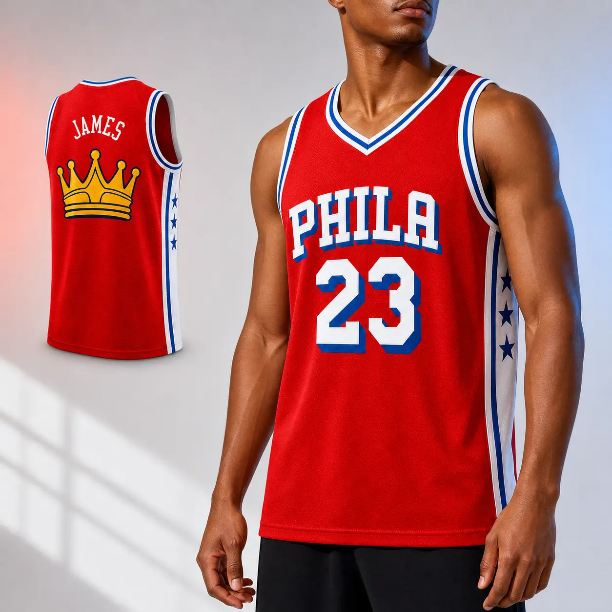 Unisex Red Basketball Jersey - PHILA 23 Front Graphic, JAMES Crown Back Design, V-Neck Sleeveless Sports Shirt with White-Blue Trim, Retro Game Day Streetwear for Fans, Training