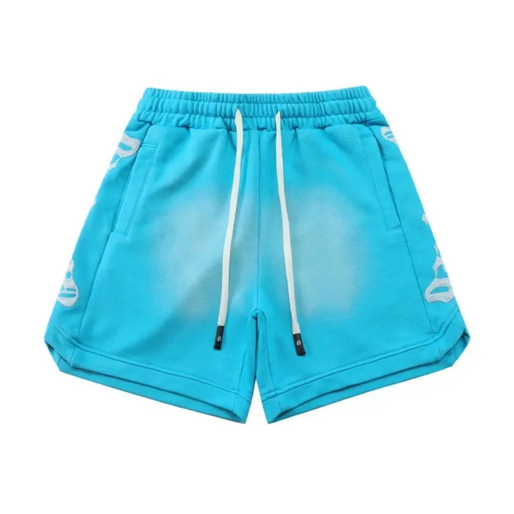 atlant,Men's gradient washed cotton high street shorts, elastic waistband with matching drawstring and embroidered print, soft, breathable, lightweight summer sports shorts, suitable for everyday skateboarding and street casual wear