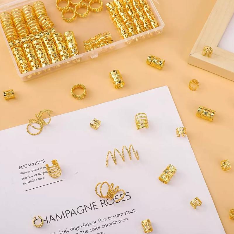 110 Pcs Gold Hair Jewelry for Braids and Dreadlocks - Metal Rings, Cuffs, Clips Accessory Decorations - Golden Yellow