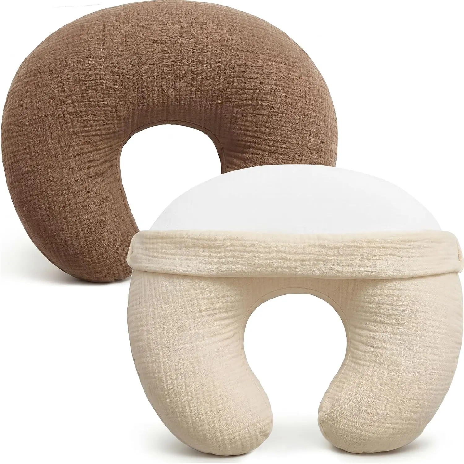 100% Cotton Muslin Nursing Pillow Cover, Soft Breathable Feeding Pillow Slipcover for Breastfeeding Moms, Fits Standard Infant Nursing Pillow, Unisex, 2 Pack (Brown & Beige)(Gift)