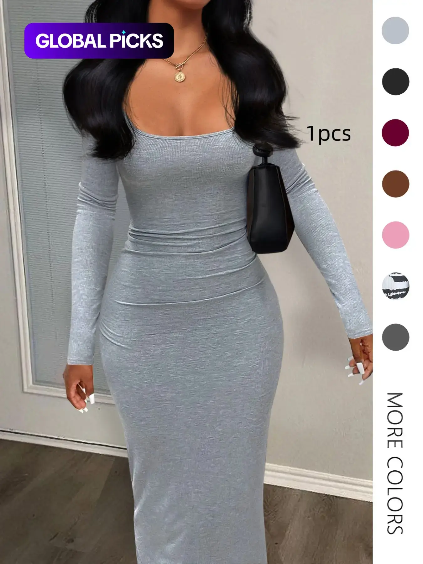 Women's Sexy Plain U Neck Long Sleeve Bodycon Cut Dress, Minimalist Solid Tight Sleeve Long Dress for Fall, Ladies Clothes for Fall, Womenswear, Casual Fashionable Dress, Chic