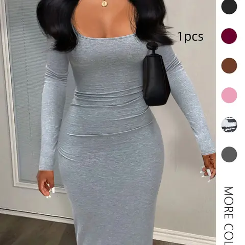 【Black Friday】Women's Sexy Plain U-Neck Long Sleeve Bodycon Cut Dress, Minimalist Solid Dress for Fall, Casual Fashionable Chic Womenswear #GLOBAL PICKS