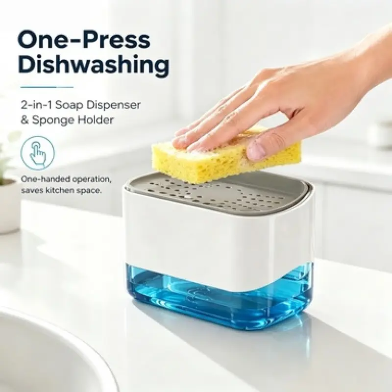 User-Friendly Single Hand Operation Dish Soap Dispenser with Sponge Holder, Dishwashing Dispenser, Compact Structure for Limited Counter Space, Great for Indoor Household Kitchen Washing Use