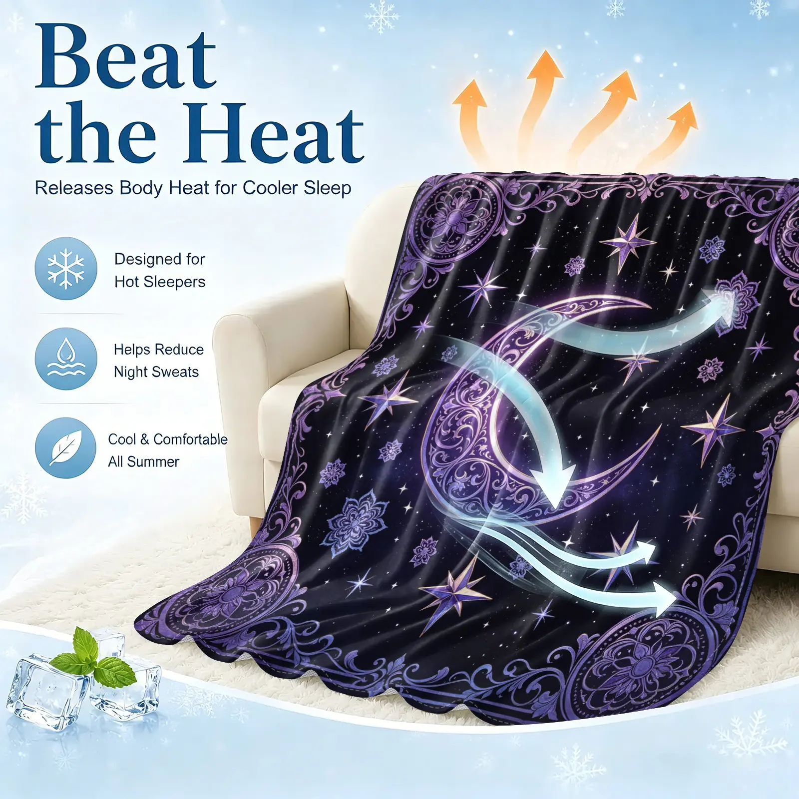 Purple Ornate Crescent Moon Star Cooling Blanket, Arc-Chill Icy Touch for Hot Sleepers, Lightweight Breathable Summer Cover, Multi-Purpose Sofa Bed Cover, Mystic Celestial Galaxy Print for Bed Couch Travel, Perfect Summer Gift