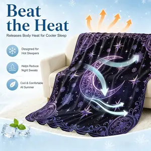 Purple Ornate Crescent Moon Star Cooling Blanket, Arc-Chill Icy Touch for Hot Sleepers, Lightweight Breathable Summer Cover, Multi-Purpose Sofa Bed Cover, Mystic Celestial Galaxy Print for Bed Couch Travel, Perfect Summer Gift