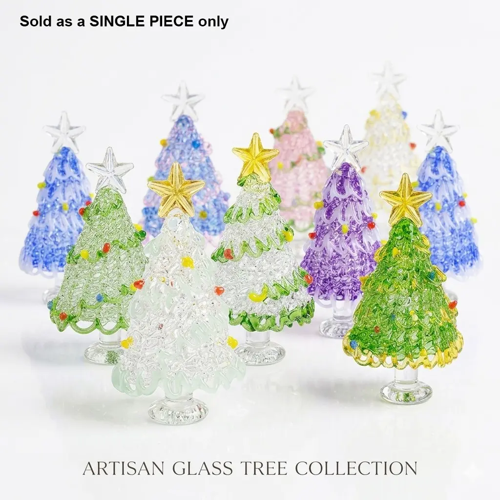 Crystal Christmas Tree Figurine, Handmade Glass Christmas Tree, Clear & Aqua Blue Tabletop Decor with Gold Star, Christmas Decoration for Home, Living Room, Office and Desk, Holiday Gift