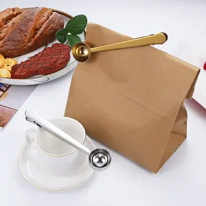 Practical 2-in-1 Stainless Steel Coffee Spoon and Airtight Bag Sealing Clip - Stylish Golden Kitchen Accessory Suitable for Home Expresso Brewing and All Devoted Coffee Lovers