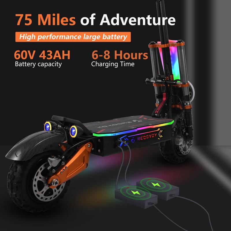 [REDDYDY] 2025 RD1 6000W Dual Motor Electric Scooter for Adults - 55 MPH, 60V 43Ah Battery, 75-Mile Range, 11-Inch Off-Road Tires, Front and Rear Hydraulic Disc Brakes, Dual Suspension, Weight Limit 200 Kilograms, UL 2272 Certified